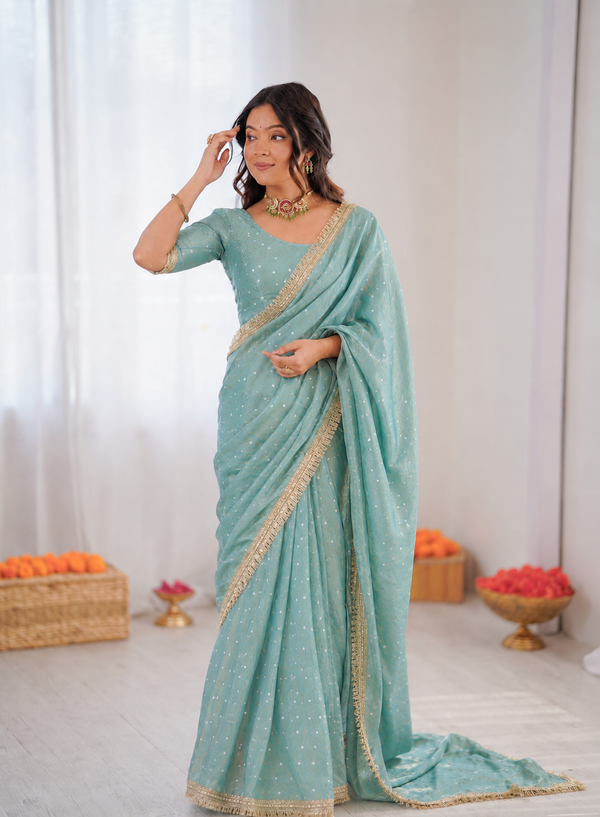 Beautiful Soft Rich Moss Fendy Chiffon Silver Jhari Work Saree