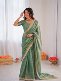 Beautiful Soft Rich Moss Fendy Chiffon Silver Jhari Work Saree