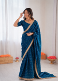 Beautiful Soft Rich Moss Fendy Chiffon Silver Jhari Work Saree