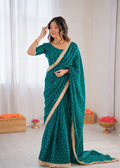 Beautiful Soft Rich Moss Fendy Chiffon Silver Jhari Work Saree