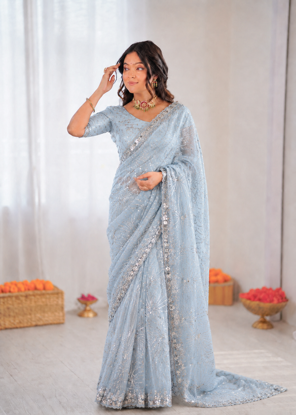 Beautiful Soft Rich Butterfly Net , Multi Sequence & Embroidery Work Saree