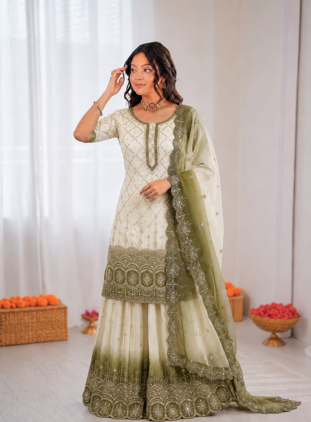 Beautiful Soft Rich Dual Tone Georgette Embroidery Sequence Work Plazzo Set
