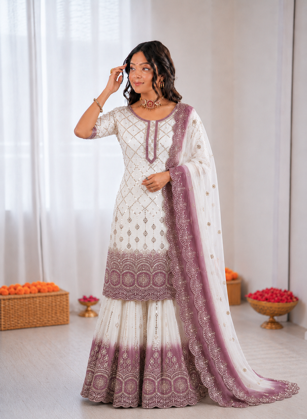 Beautiful Soft Rich Dual Tone Georgette Embroidery Sequence Work Plazzo Set