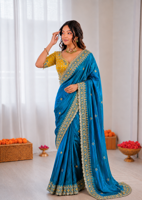 Beautiful Soft Rich Fandy Satin Embroidery Meena Work Saree