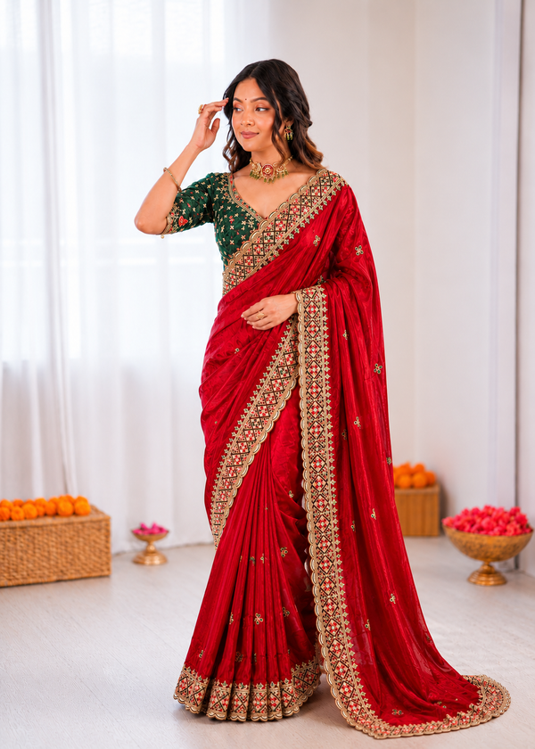 Beautiful Soft Rich Fandy Satin Embroidery Meena Work Saree
