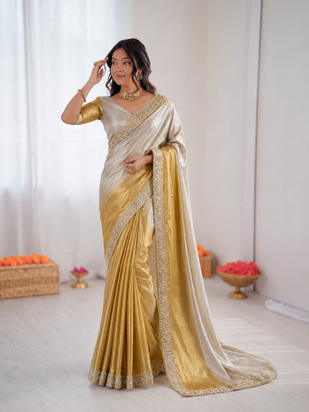Beautiful Soft Rich Half-Half Tissue Silk With Handcrafted Border Work Saree