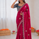 Beautiful Pure Soft Fandy Satin Silk With Embroidery Sequence Work Saree