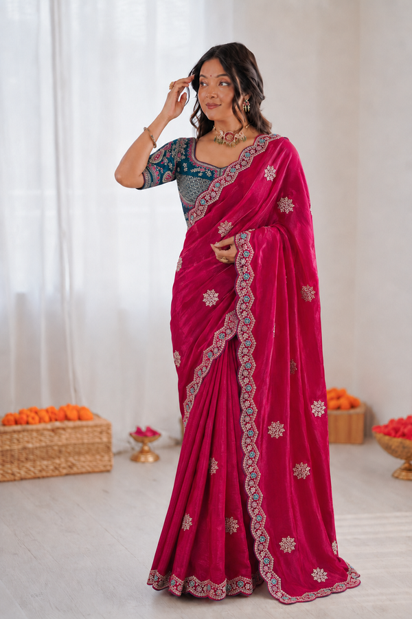 Beautiful Pure Soft Fandy Satin Silk With Embroidery Sequence Work Saree