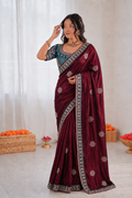 Beautiful Pure Soft Fandy Satin Silk With Embroidery Sequence Work Saree
