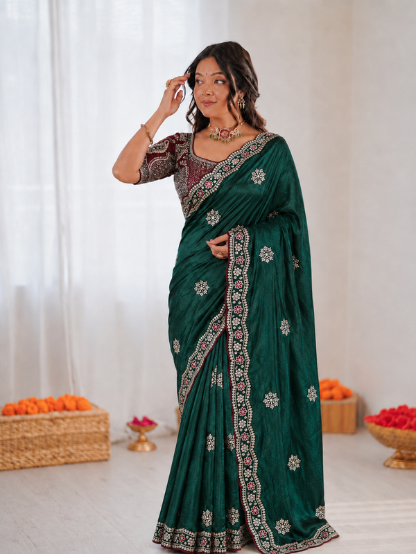 Beautiful Pure Soft Fandy Satin Silk With Embroidery Sequence Work Saree