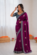Beautiful Pure Soft Fandy Satin Silk With Embroidery Sequence Work Saree