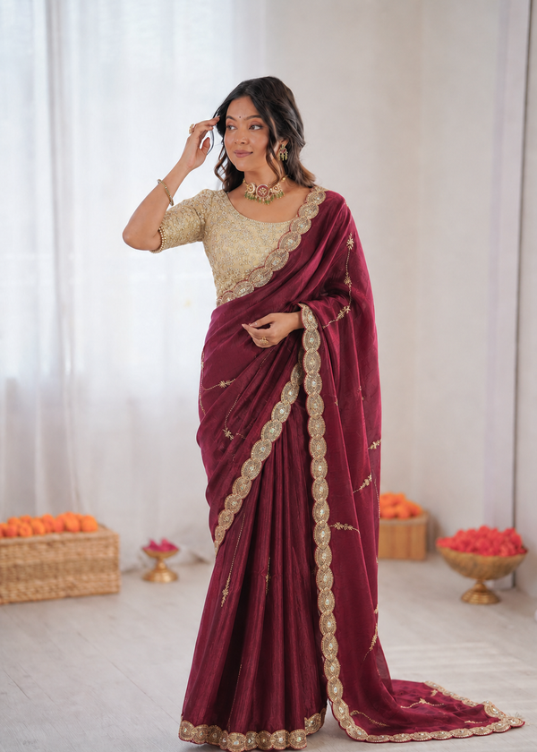 Beautiful Soft Space Silk With Heavy Embroidery Sequence Work Saree
