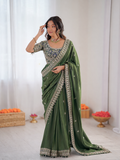 Beautiful Soft Rangoli Satin With Heavy Embroidery Sequence Work Saree