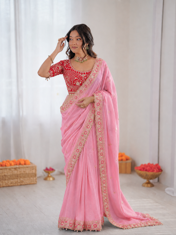 Beautiful Fendy Silk With Multi Sequence Embroidery Work Saree