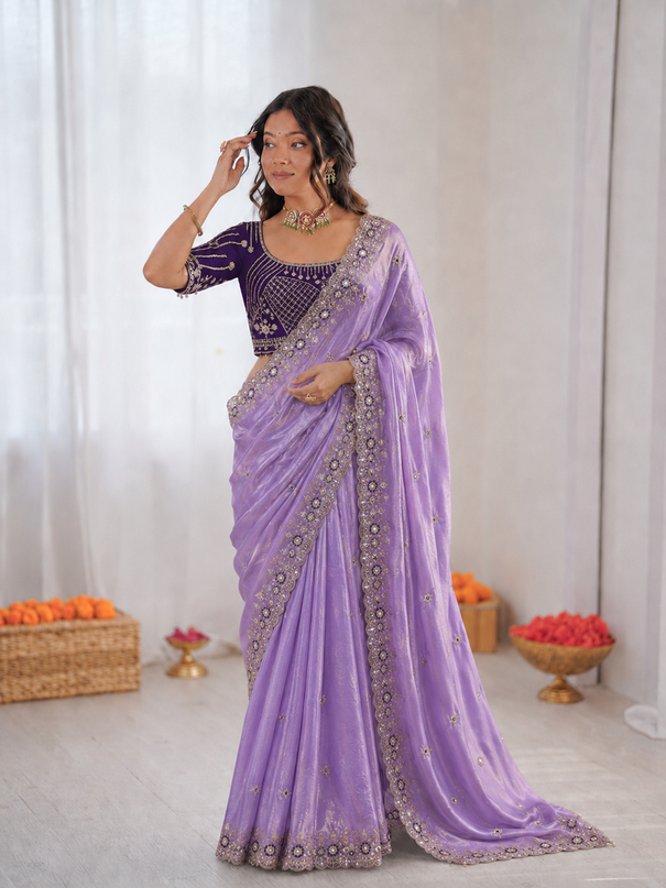 Beautiful Fendy Silk With Multi Sequence Embroidery Work Saree