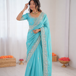 Beautiful Soft NC Vichitra Silk With Multi Color Thread Embroidery Work Saree