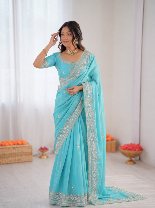 Beautiful Soft NC Vichitra Silk With Multi Color Thread Embroidery Work Saree
