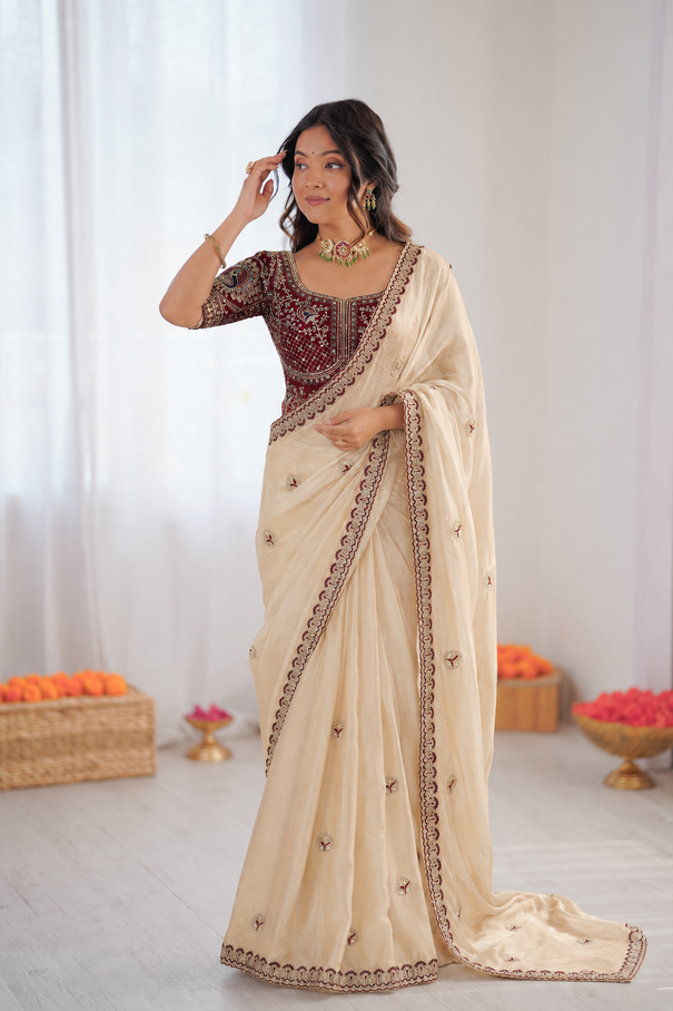 Beautiful Soft Two Tone Rangoli Silk With Heavy Embroidery Work Saree