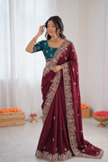 Beautiful Soft Fandy Satin Silk With Floral Embroidery Work Saree