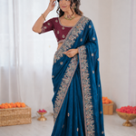 Beautiful Soft Fandy Satin Silk With Floral Embroidery Work Saree