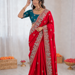 Beautiful Soft Fandy Satin Silk With Floral Embroidery Work Saree
