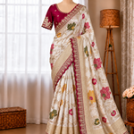 egant Wine Red & Ivory Dolla Silk Embroidered Saree with Unstitched Blouse
