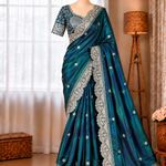 Peacock Teal Fendy Satin Embroidered Saree with Stitched Blouse