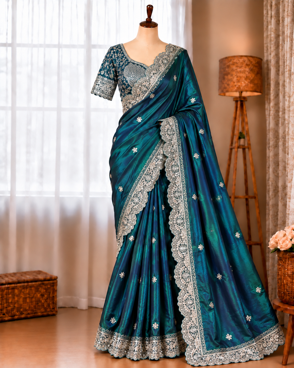 Peacock Teal Fendy Satin Embroidered Saree with Stitched Blouse