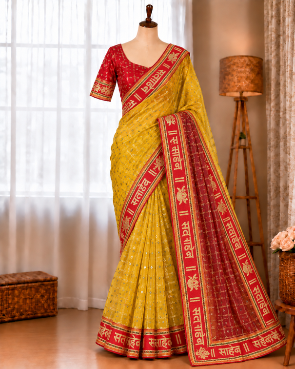 Mustard Yellow Viscose Zari Saree with Fancy Sada Suhagan Lace & Stitched Blouse