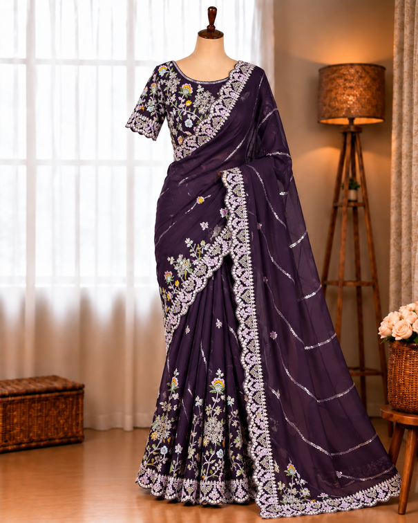 Blooming Georgette Crush Coding Work Saree