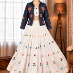 Rayon Cotton Mirror Work Lehenga with Denim Gamthi Mirror Embroidered Jacket