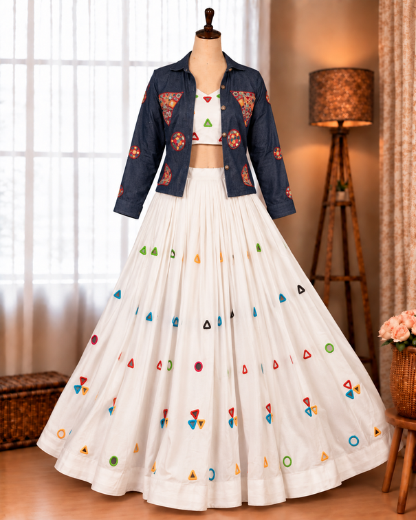Rayon Cotton Mirror Work Lehenga with Denim Gamthi Mirror Embroidered Jacket