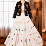 Rayon Cotton Mirror Work Lehenga with Denim Gamthi Mirror Embroidered Jacket