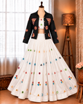 Rayon Cotton Mirror Work Lehenga with Denim Gamthi Mirror Embroidered Jacket