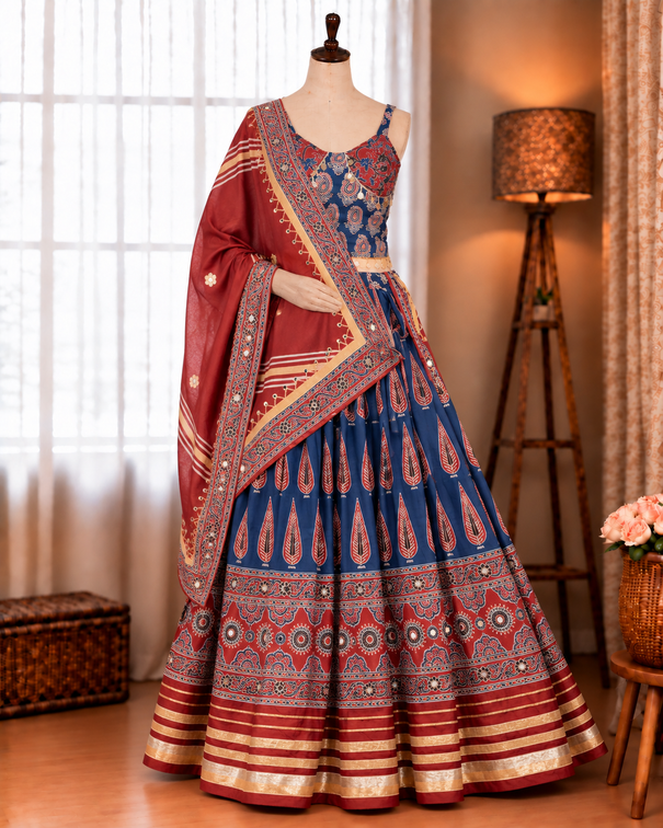 Natural Crepe Digital Ajrakh Print Work Navratri Lehenga