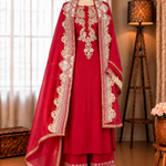 Beautifull Red Color Roman Silk With Embroidery Work Top Plazzo