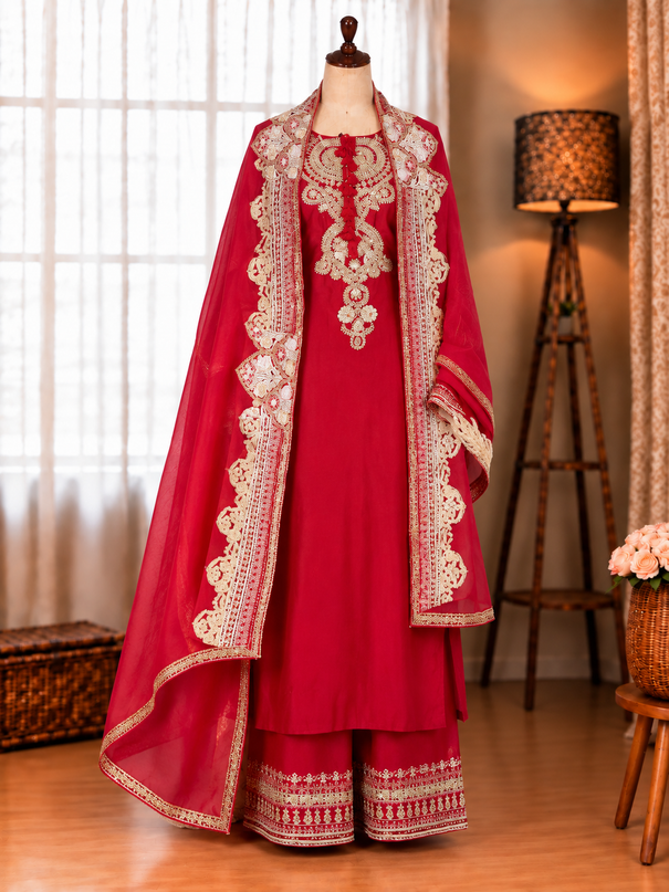 Beautifull Red Color Roman Silk With Embroidery Work Top Plazzo