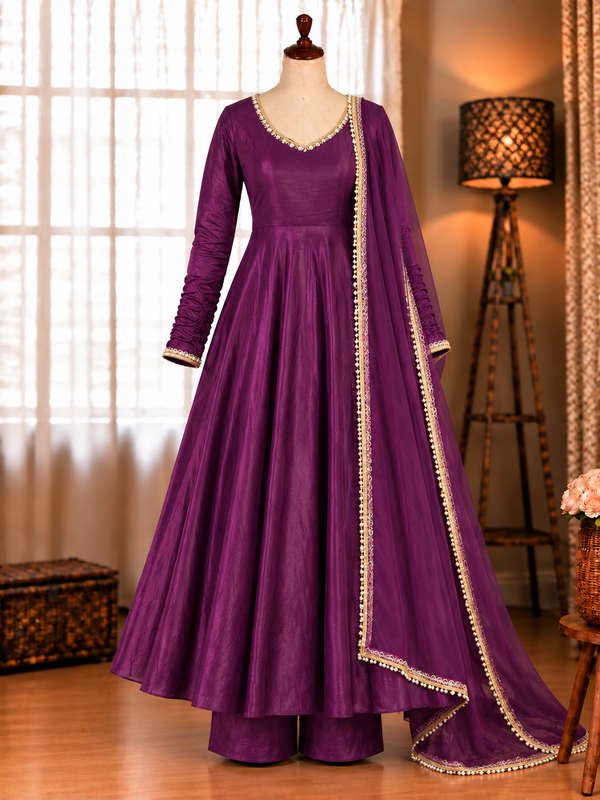 Beautifull Two Tone Color Fendy Silk Mirror Work Gown