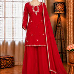 Embroidered Georgette Top, Plazzo & Dupatta Set
