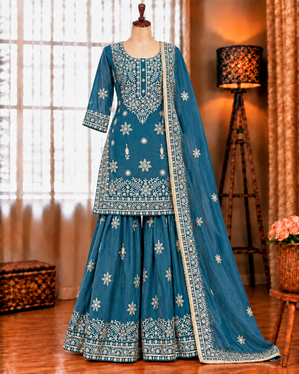 Blue Color Beautifull Gmy Silk With Sequience Work Top Sharara