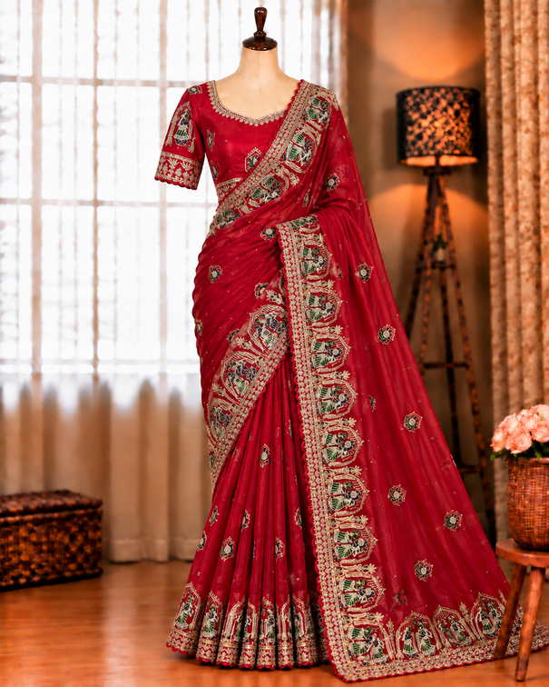 Red Color Beautifull Space Silk With Embroidery Work Saree