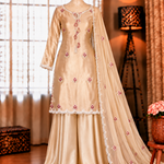 Beige Color Japan Satin With Thread Work Top Plazzo