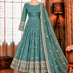 Sky Color Fendy Silk With Embroidery Work Gown