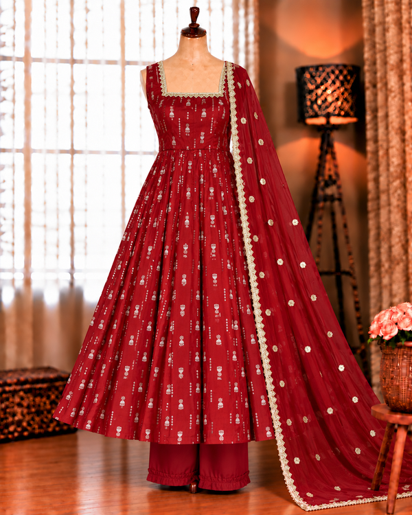 Red Color Jacquard Butti With Fancy Lace Work Anarkali