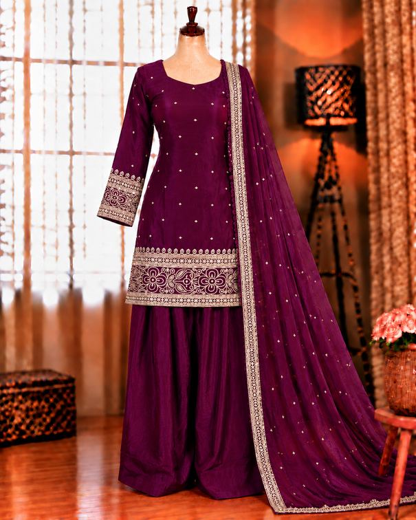 Beautifull Fendy Silk With Embroidery Sequience Work kurta Farshi