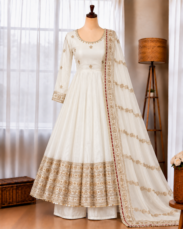 Chinon Silk Embroidered Gown with Sequin Work & Dupatta