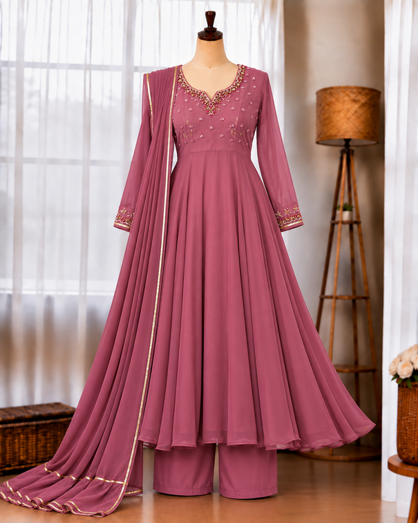 Pink Color Faux Georgette Hand Work Gown