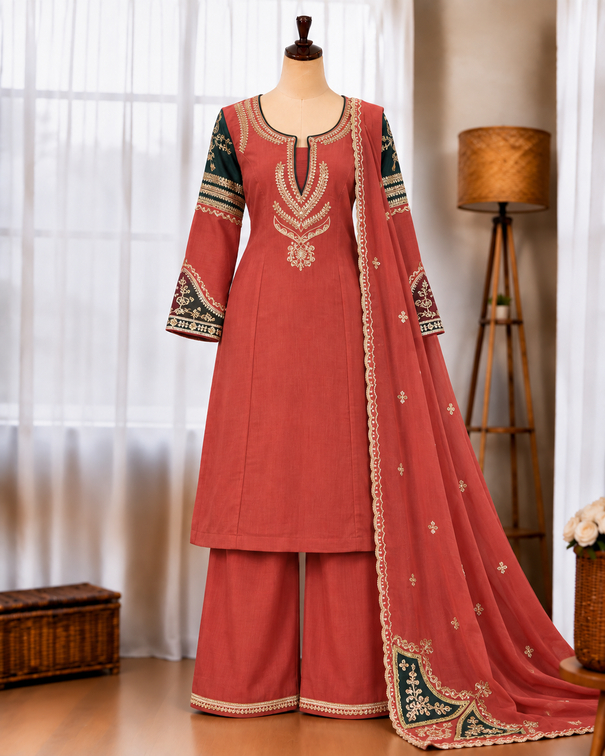 Mul Chanderi Top Palazzo Set with Embroidery & Sequin Work