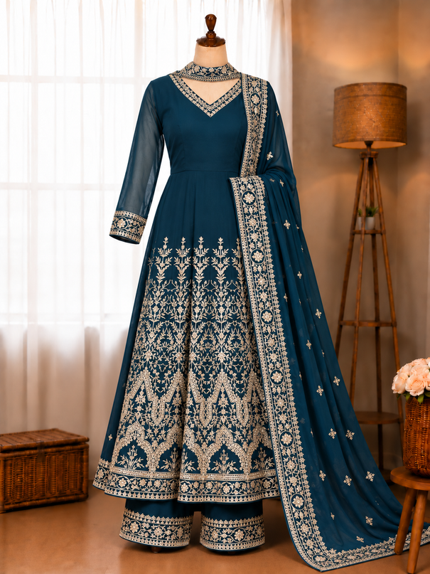 Beautifull Faux Blooming With Multi Sequience Work Gown