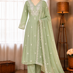 Pista Color Mul Chanderi Embroider Work Top Pent